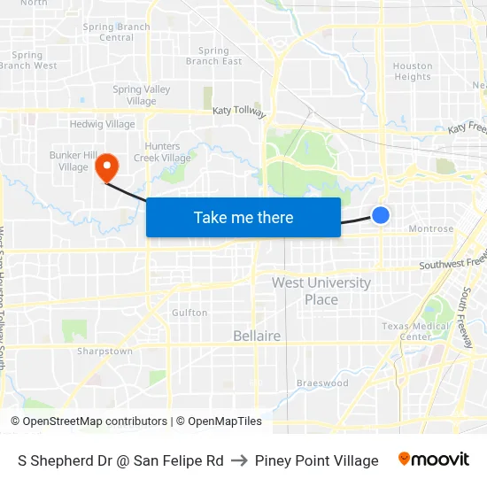 S Shepherd Dr @ San Felipe Rd to Piney Point Village map