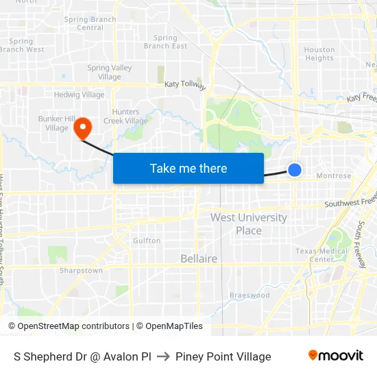 S Shepherd Dr @ Avalon Pl to Piney Point Village map