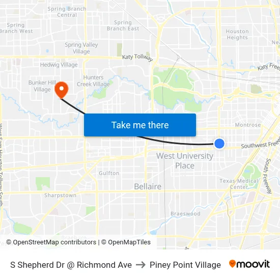 S Shepherd Dr @ Richmond Ave to Piney Point Village map