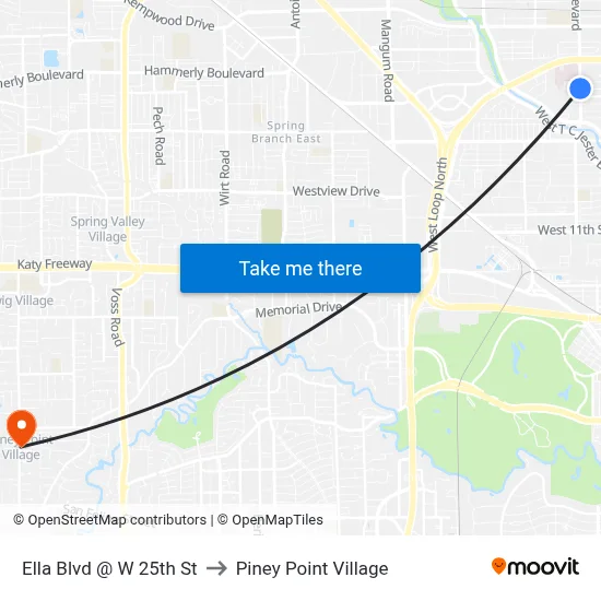 Ella Blvd @ W 25th St to Piney Point Village map