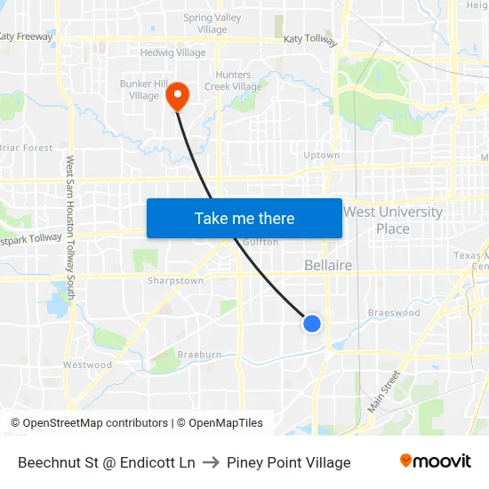 Beechnut St @ Endicott Ln to Piney Point Village map
