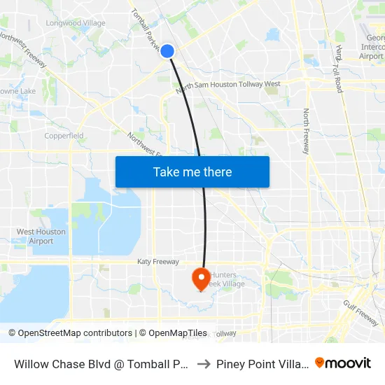 Willow Chase Blvd @ Tomball Pkwy to Piney Point Village map