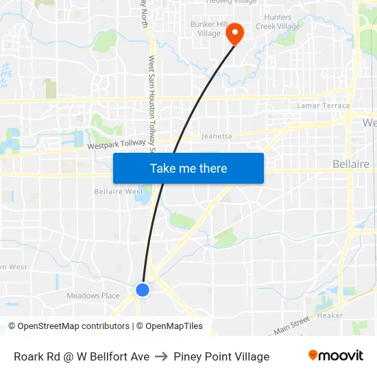 Roark Rd @ W Bellfort Ave to Piney Point Village map