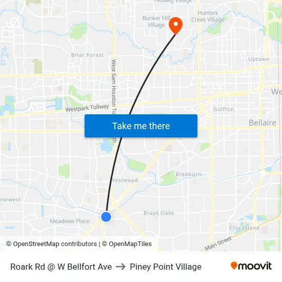 Roark Rd @ W Bellfort Ave to Piney Point Village map