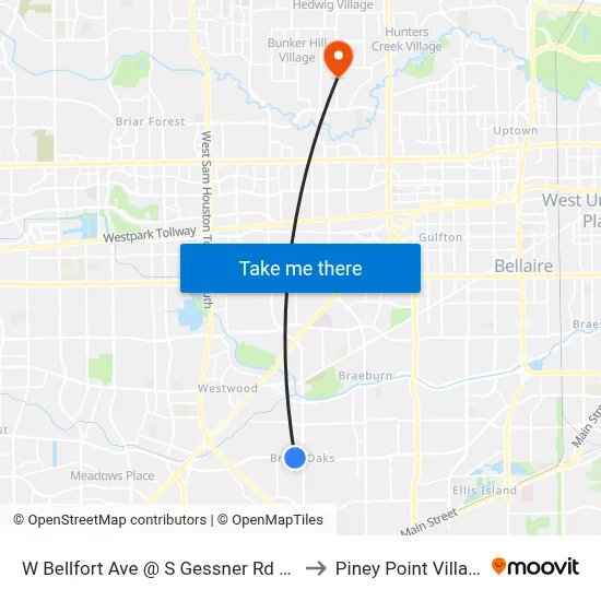 W Bellfort Ave @ S Gessner Rd MB to Piney Point Village map