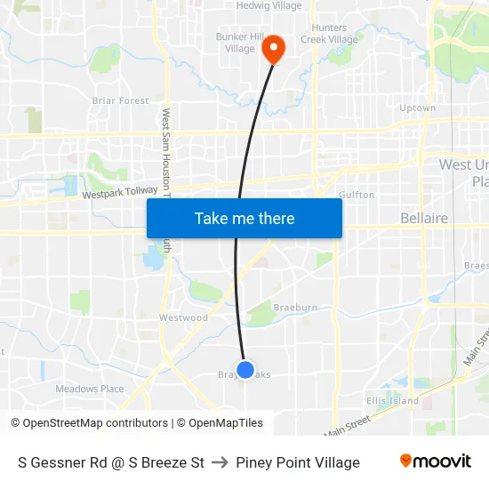 S Gessner Rd @ S Breeze St to Piney Point Village map