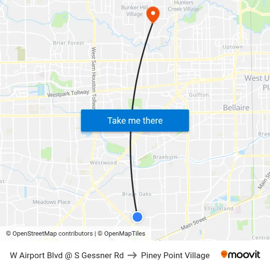 W Airport Blvd @ S Gessner Rd to Piney Point Village map