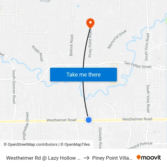 Westheimer Rd @ Lazy Hollow Dr to Piney Point Village map