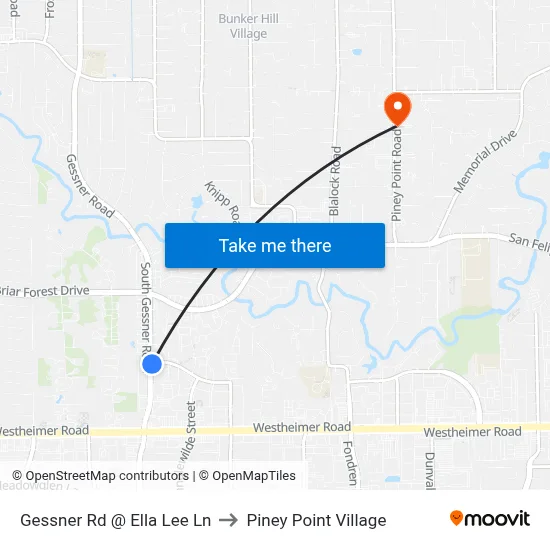 Gessner Rd @ Ella Lee Ln to Piney Point Village map