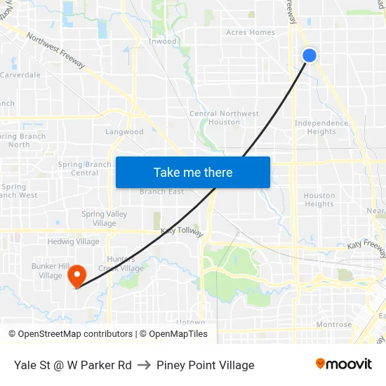 Yale St @ W Parker Rd to Piney Point Village map