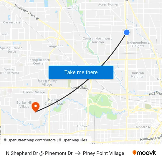 N Shepherd Dr @ Pinemont Dr to Piney Point Village map