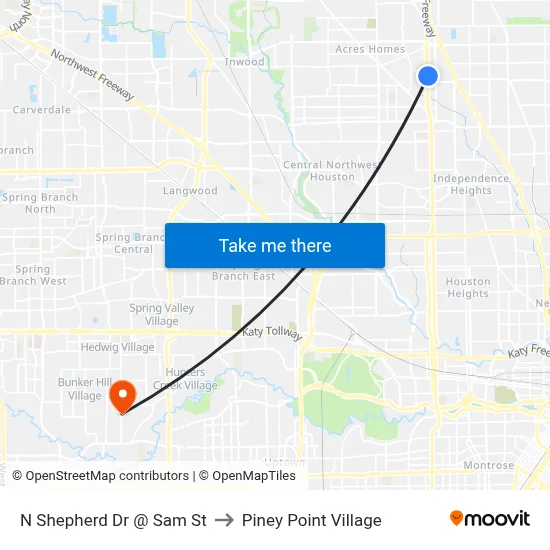N Shepherd Dr @ Sam St to Piney Point Village map