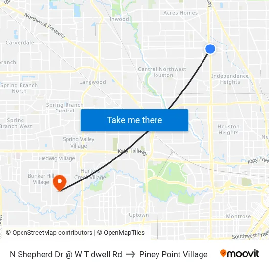 N Shepherd Dr @ W Tidwell Rd to Piney Point Village map