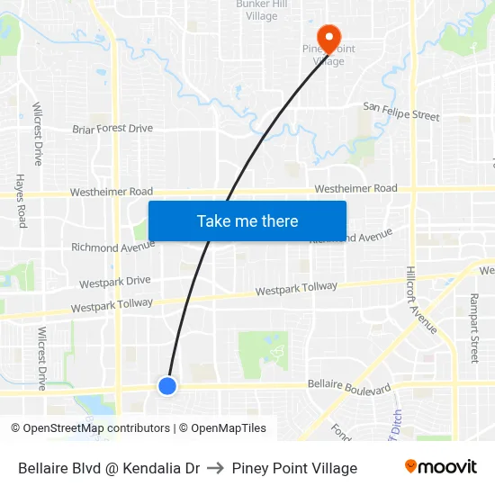 Bellaire Blvd @ Kendalia Dr to Piney Point Village map