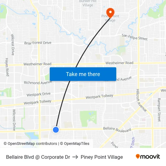 Bellaire Blvd @ Corporate Dr to Piney Point Village map