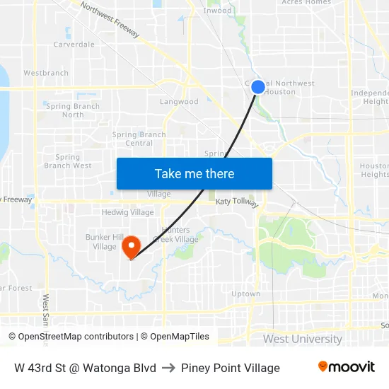W 43rd St @ Watonga Blvd to Piney Point Village map