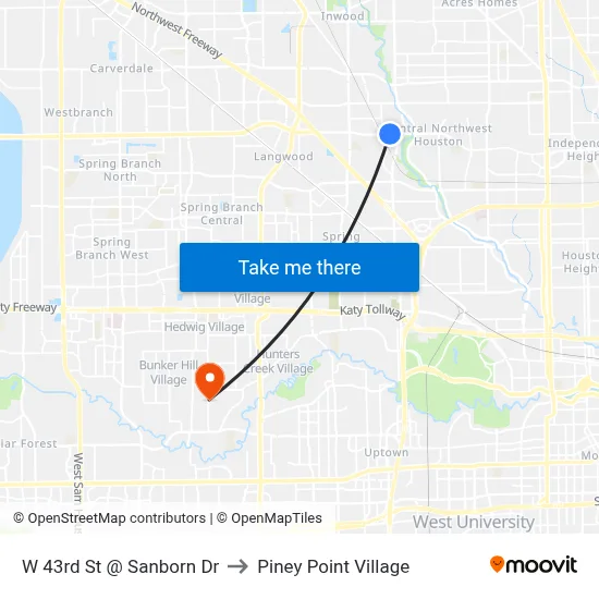 W 43rd St @ Sanborn Dr to Piney Point Village map