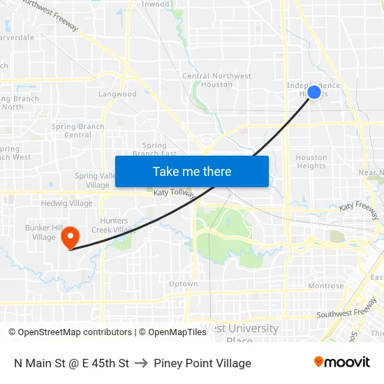 N Main St @ E 45th St to Piney Point Village map