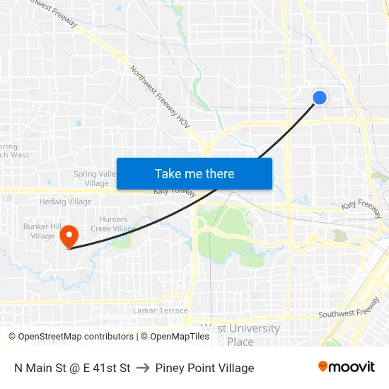 N Main St @ E 41st St to Piney Point Village map