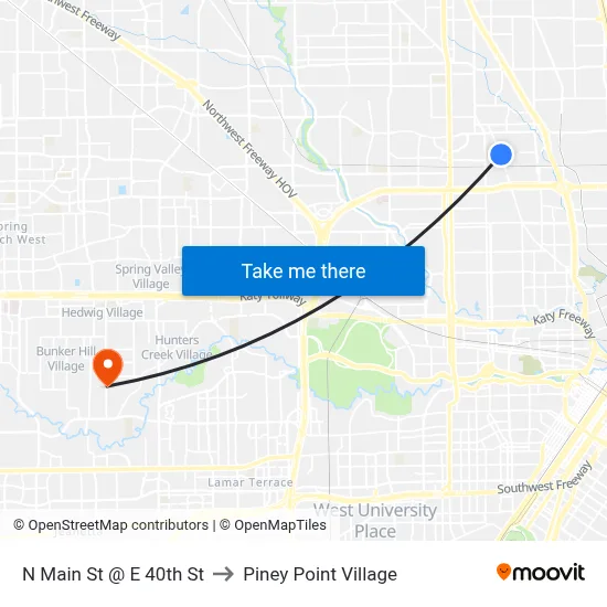 N Main St @ E 40th St to Piney Point Village map