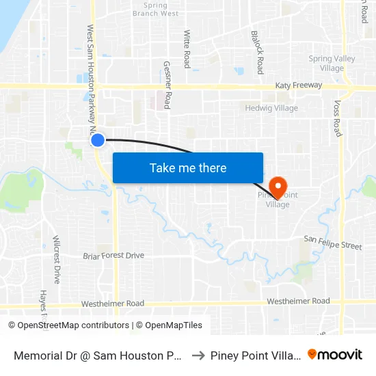 Memorial Dr @ Sam Houston Pkwy to Piney Point Village map