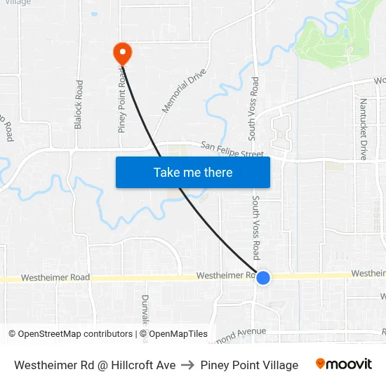 Westheimer Rd @ Hillcroft Ave to Piney Point Village map