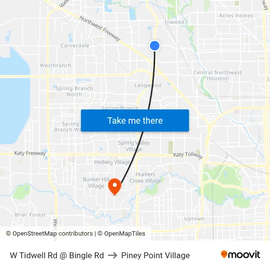 W Tidwell Rd @ Bingle Rd to Piney Point Village map