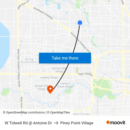 W Tidwell Rd @ Antoine Dr to Piney Point Village map
