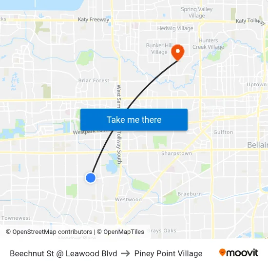 Beechnut St @ Leawood Blvd to Piney Point Village map