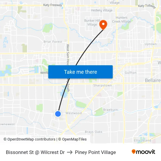 Bissonnet St @ Wilcrest Dr to Piney Point Village map