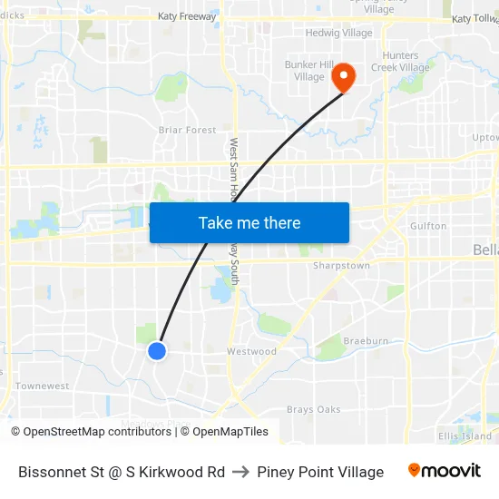 Bissonnet St @ S Kirkwood Rd to Piney Point Village map