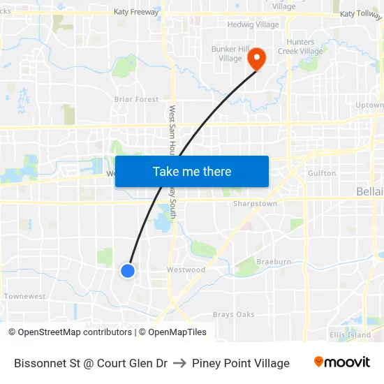 Bissonnet St @ Court Glen Dr to Piney Point Village map