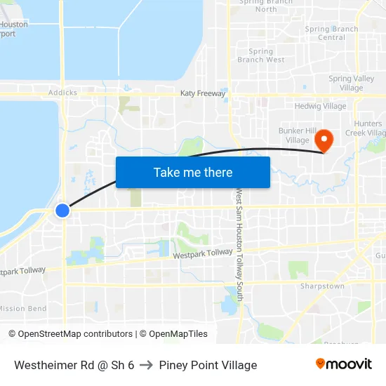 Westheimer Rd @ Sh 6 to Piney Point Village map