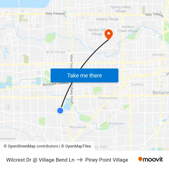Wilcrest Dr @ Village Bend Ln to Piney Point Village map