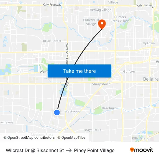 Wilcrest Dr @ Bissonnet St to Piney Point Village map