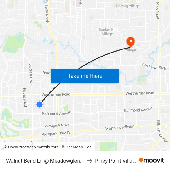 Walnut Bend Ln @ Meadowglen Ln to Piney Point Village map