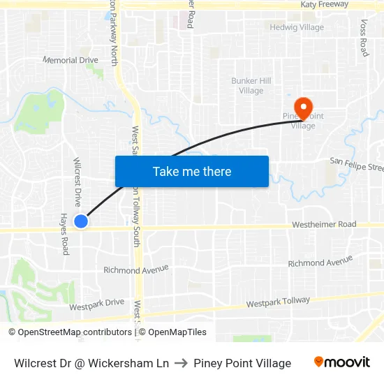 Wilcrest Dr @ Wickersham Ln to Piney Point Village map