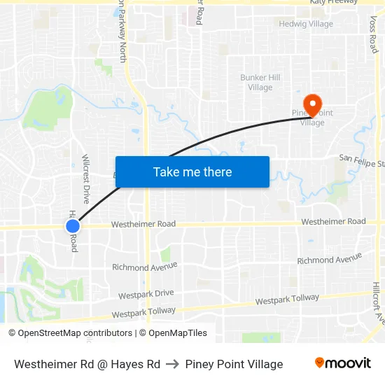 Westheimer Rd @ Hayes Rd to Piney Point Village map