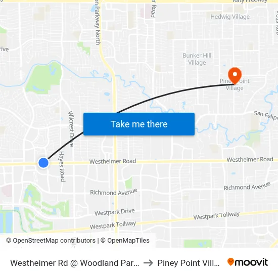 Westheimer Rd @ Woodland Park Dr to Piney Point Village map