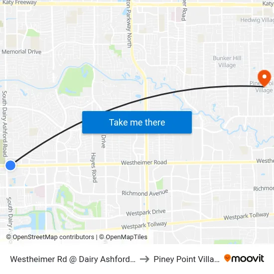 Westheimer Rd @ Dairy Ashford Rd to Piney Point Village map