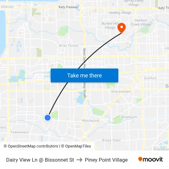 Dairy View Ln @ Bissonnet St to Piney Point Village map
