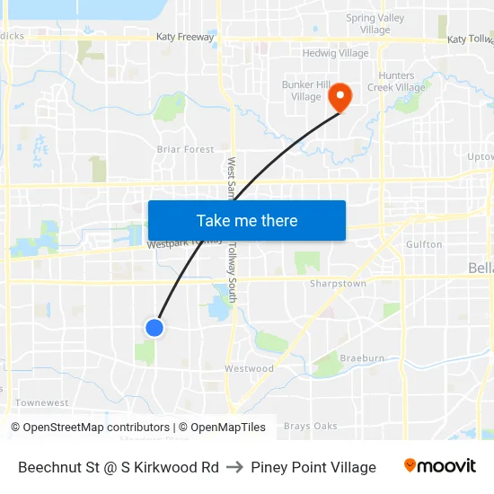 Beechnut St @ S Kirkwood Rd to Piney Point Village map