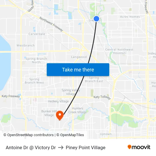 Antoine Dr @ Victory Dr to Piney Point Village map