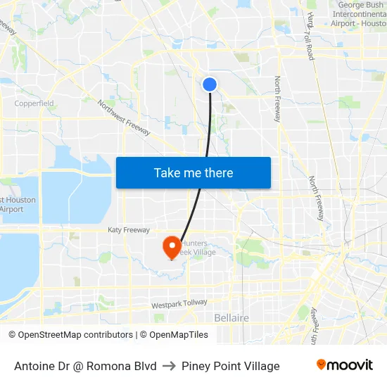 Antoine Dr @ Romona Blvd to Piney Point Village map