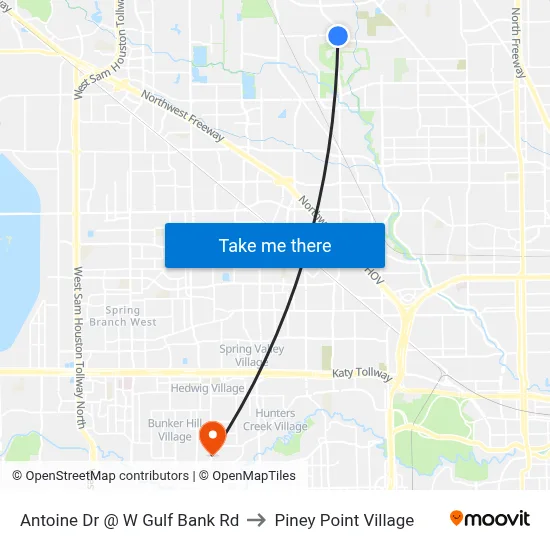 Antoine Dr @ W Gulf Bank Rd to Piney Point Village map