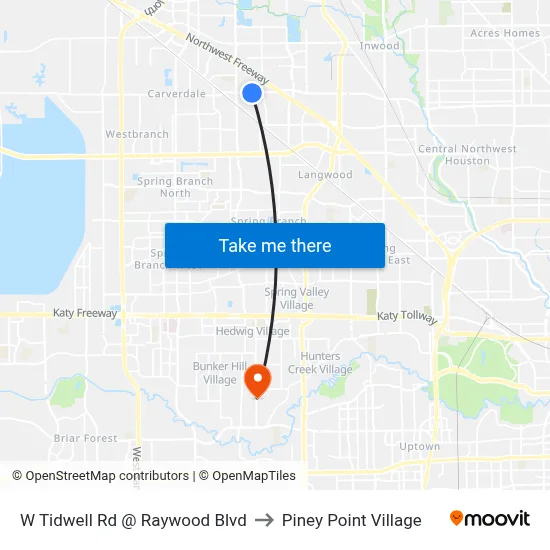 W Tidwell Rd @ Raywood Blvd to Piney Point Village map