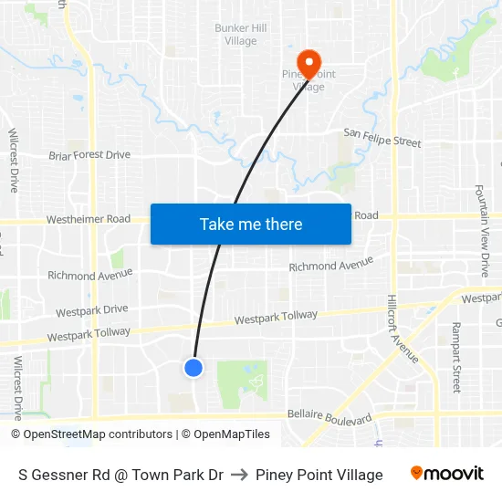 S Gessner Rd @ Town Park Dr to Piney Point Village map