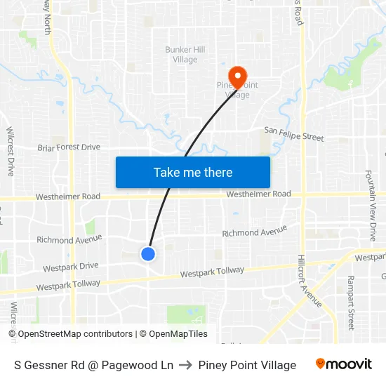 S Gessner Rd @ Pagewood Ln to Piney Point Village map