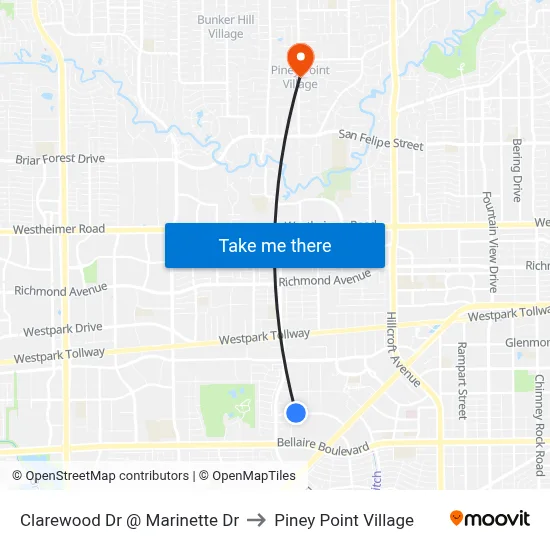 Clarewood Dr @ Marinette Dr to Piney Point Village map
