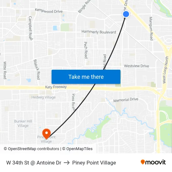 W 34th St @ Antoine Dr to Piney Point Village map